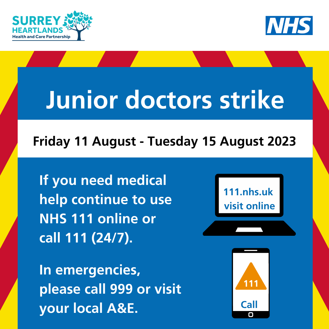 Junior doctors industrial action graphic, displaying the dates of industrial action ffrom 7am on 11 August to 7am 15 August 2023